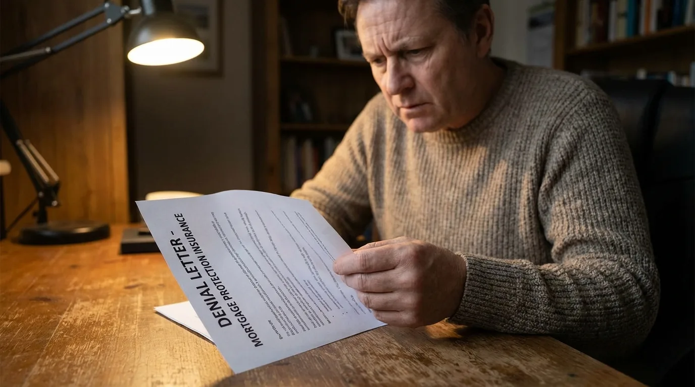 A homeowner examining a mortgage protection insurance denial letter, highlighting the stress and uncertainty that can arise after closing.