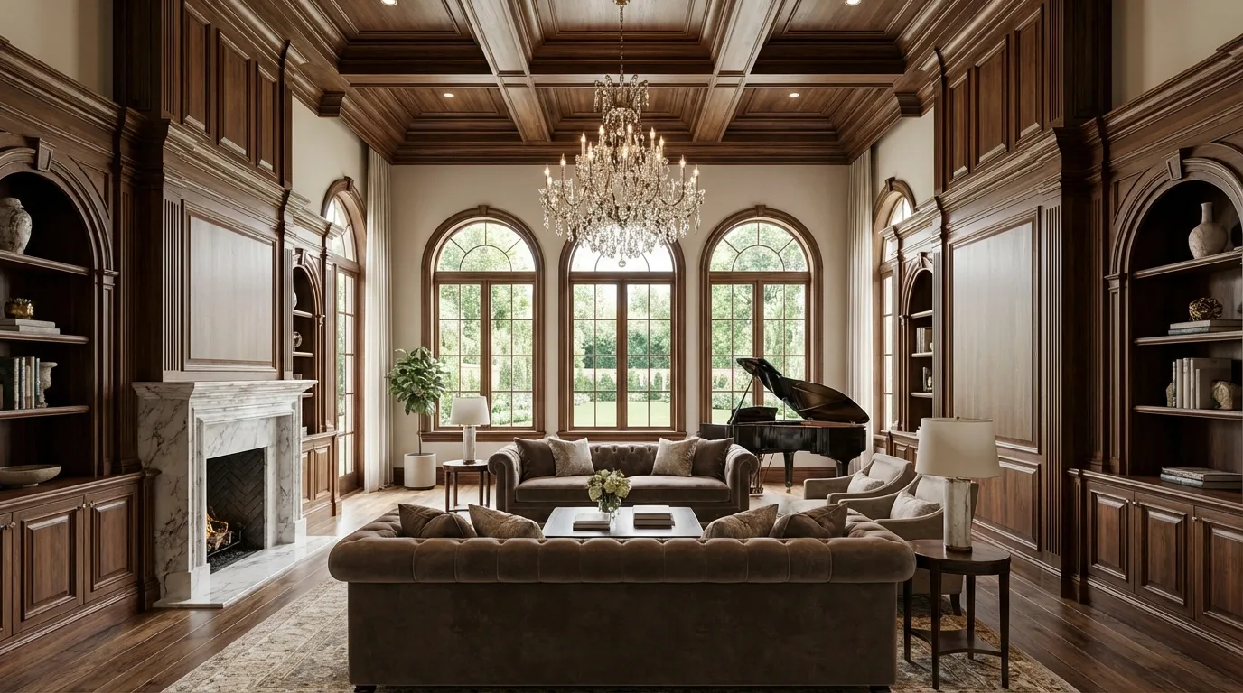 A luxurious living room featuring high ceilings and custom millwork—details that significantly impact rebuilding costs.