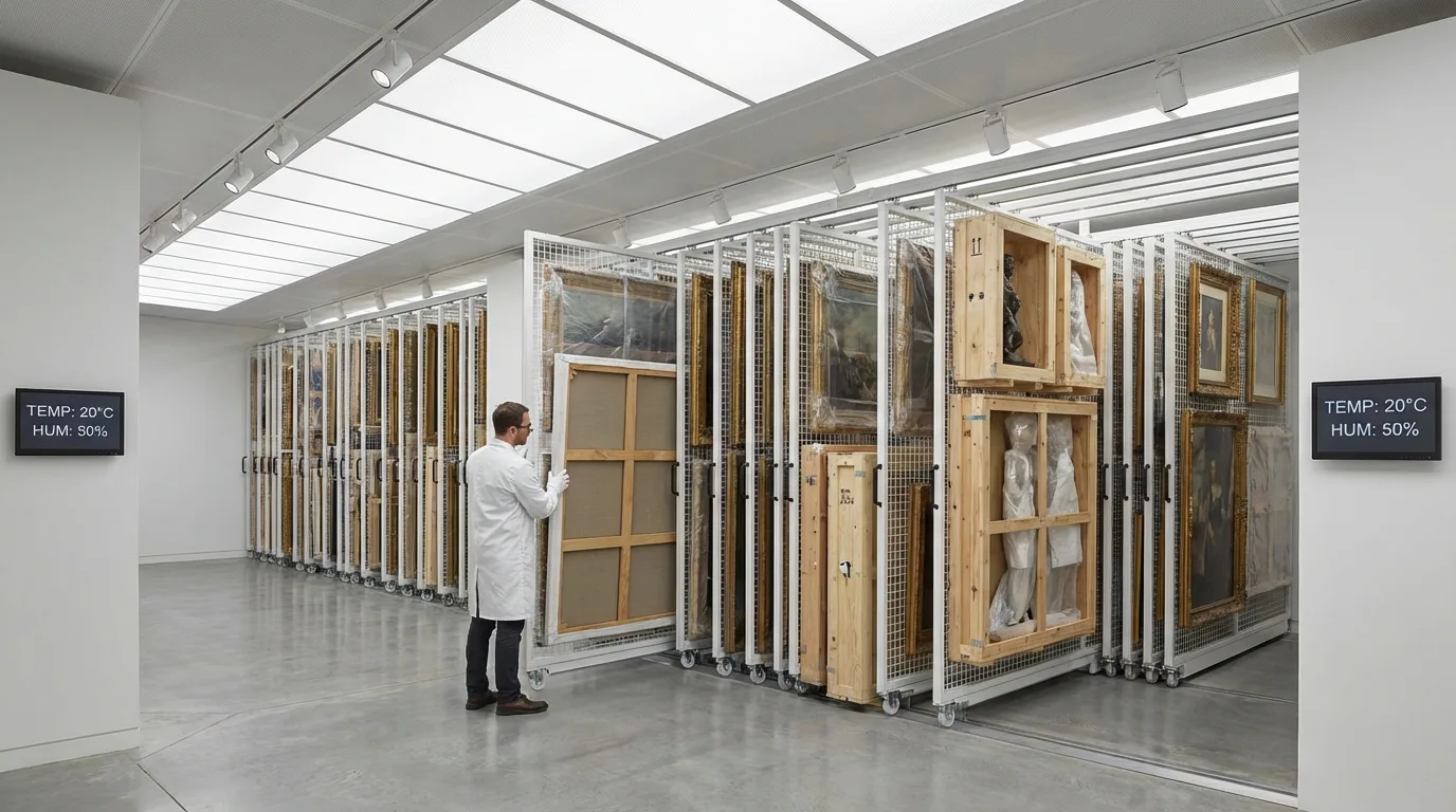 A state-of-the-art art storage facility demonstrates optimal conditions for preserving valuable artworks.