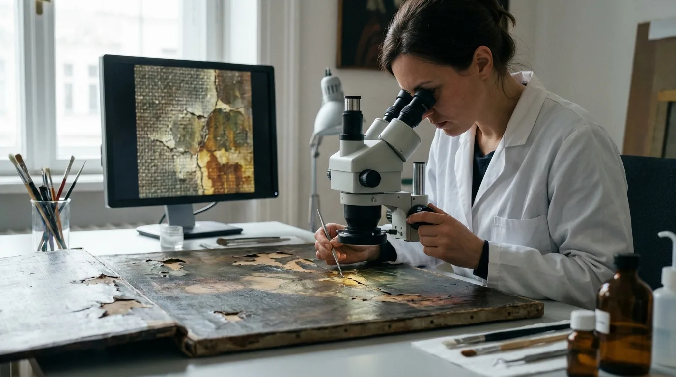 An art conservator meticulously examines water damage on a painting, highlighting the importance of professional assessment.