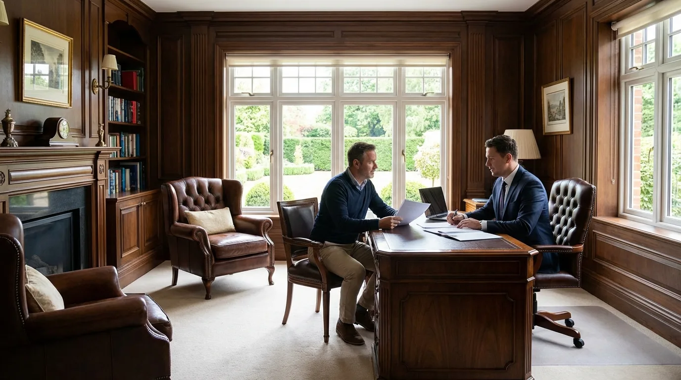 An insurance broker consulting with a homeowner, ensuring they understand their coverage options and potential risks.