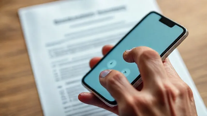 A photorealistic close-up of a hand holding a smartphone, with a blurred professional indemnity insurance policy document in the background. The hand is dialing a number, conveying urgency and the act of notifying an insurer. Cinematic lighting, sharp focus, depth of field, 8K hyper-detailed, professional photography, shot on a high-end DSLR.
