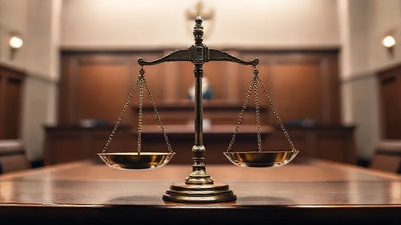A photorealistic, low-angle shot of a classic legal scale balanced perfectly, with a blurred, modern courtroom background featuring a judge's bench and witness stand. The lighting is dramatic and symbolic, emphasizing justice and impartiality. Sharp focus on the scales, depth of field, 8K hyper-detailed, professional photography, shot on a high-end DSLR.