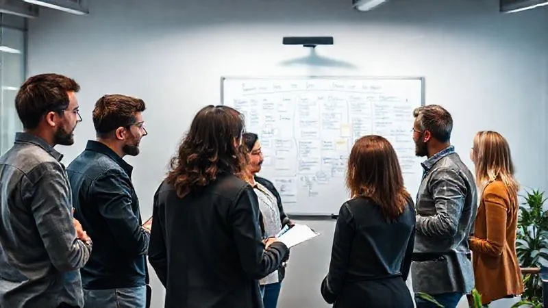 A photorealistic image of a diverse group of professionals in a modern, collaborative workspace, engaged in a post-project review. They are looking at a whiteboard with flowcharts and notes, discussing process improvements. The atmosphere is constructive and forward-looking. Cinematic lighting, sharp focus on the group, depth of field, 8K hyper-detailed, professional photography, shot on a high-end DSLR.