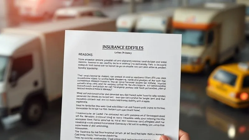 A photorealistic, professional photography shot of a detailed commercial auto insurance denial letter with specific reasons highlighted, overlaid on a blurred background showing various commercial vehicles (delivery van, truck, taxi). The image uses cinematic lighting to convey seriousness, with a sharp focus on the document text. 8K hyper-detailed.