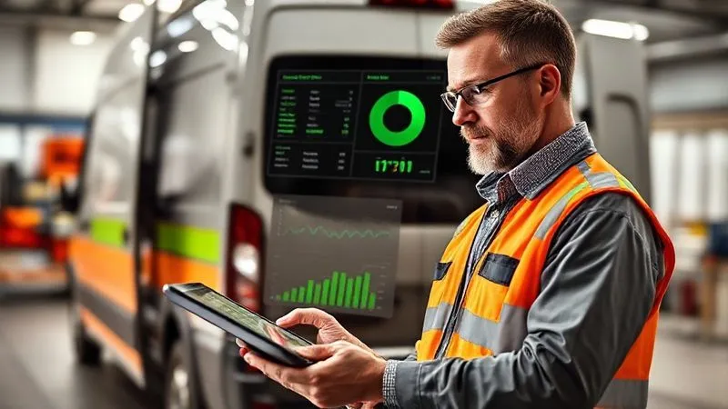 A photorealistic, professional photography shot of a commercial fleet manager reviewing telematics data on a tablet, with a dashboard displaying green safety scores and routes. In the background, a well-maintained commercial van is being inspected. The scene is well-lit, conveying efficiency and control, sharp focus on the tablet, depth of field, 8K hyper-detailed.