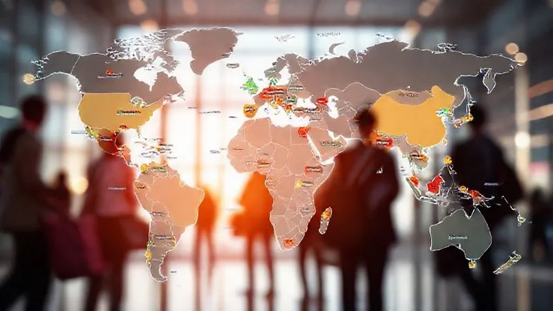 A photorealistic, professional photography, 8K, cinematic lighting, sharp focus, depth of field, shot on a high-end DSLR, of a digital global risk map prominently displaying various color-coded hotspots indicating political instability and travel advisories, with blurred figures of business travelers in the background, conveying a sense of underlying threat and the need for vigilance. A photorealistic, professional photography, 8K, cinematic lighting, sharp focus, depth of field, shot on a high-end DSLR, of a digital global risk map prominently displaying various color-coded hotspots indicating political instability and travel advisories, with blurred figures of business travelers in the background, conveying a sense of underlying threat and the need for vigilance.