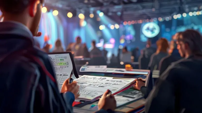 A photorealistic image of a detailed event risk assessment checklist being reviewed by a focused event planner, with a blurred background showing various event elements like a stage, food stalls, and active attendees. Cinematic lighting, sharp focus on the checklist, depth of field, 8K, shot on a high-end DSLR. A photorealistic image of a detailed event risk assessment checklist being reviewed by a focused event planner, with a blurred background showing various event elements like a stage, food stalls, and active attendees. Cinematic lighting, sharp focus on the checklist, depth of field, 8K, shot on a high-end DSLR.