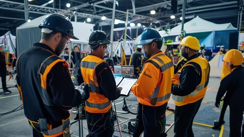 A photorealistic, high-angle shot of a diverse event crew in matching safety vests, attentively reviewing a digital safety checklist on a tablet amidst a bustling event setup. The scene is well-lit with natural light, sharp focus on the tablet and crew, depth of field blurring the background of tents and stage equipment. 8K, shot on a high-end DSLR. A photorealistic, high-angle shot of a diverse event crew in matching safety vests, attentively reviewing a digital safety checklist on a tablet amidst a bustling event setup. The scene is well-lit with natural light, sharp focus on the tablet and crew, depth of field blurring the background of tents and stage equipment. 8K, shot on a high-end DSLR.