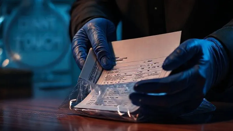 A photorealistic close-up of a pair of gloved hands carefully placing financial documents into an evidence bag, with a 'DO NOT TOUCH' sign subtly visible in the background. The scene is dimly lit with forensic blue light, emphasizing precision and caution. Professional photography, 8K, cinematic lighting, sharp focus on the hands and documents, depth of field blurring the background, shot on a high-end DSLR.