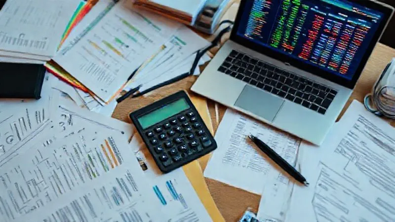A photorealistic overhead shot of a forensic accountant's desk, covered with meticulously organized financial documents, color-coded files, and a laptop displaying complex spreadsheet data with highlighted cells. A calculator and pen are neatly placed. The scene emphasizes precision, detail, and the analytical process of uncovering financial fraud. Professional photography, 8K, cinematic lighting, sharp focus, depth of field blurring the background, shot on a high-end DSLR.