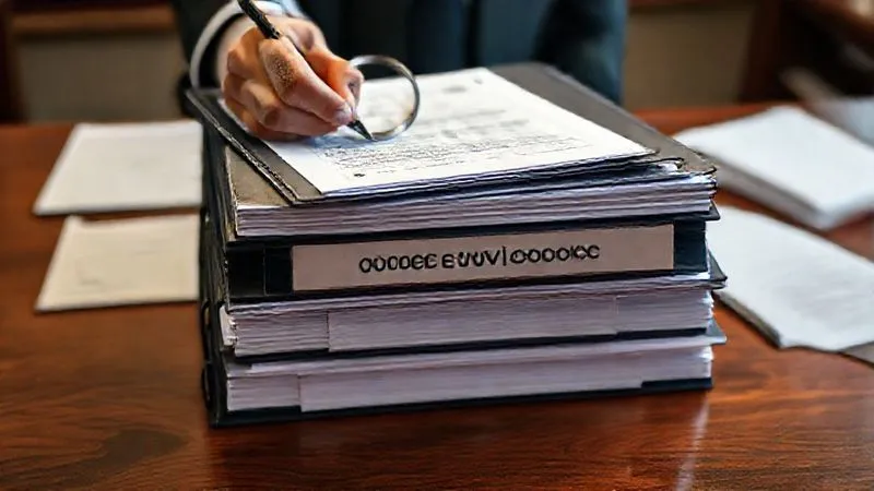 A photorealistic image of a stack of meticulously organized financial binders and folders on a mahogany desk, labeled 'Embezzlement Claim Evidence,' with a magnifying glass resting on the top folder. A professional hand is reaching for a pen to sign a document. The scene conveys diligence, thoroughness, and the weight of a formal submission. Professional photography, 8K, cinematic lighting, sharp focus on the binders, depth of field blurring the background, shot on a high-end DSLR.