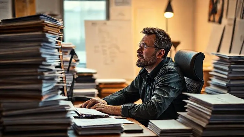photorealistic, professional photography, 8K, cinematic lighting, sharp focus, depth of field, shot on a high-end DSLR, a person sitting at a desk, surrounded by stacks of neatly organized paperwork and files, looking at a computer screen with a focused yet relieved expression, a sense of clarity emerging from complexity, warm, inviting light, representing successful navigation of a challenging process.