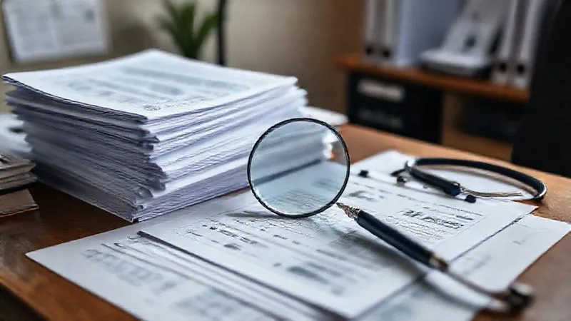 photorealistic, professional photography, 8K, cinematic lighting, sharp focus, depth of field, shot on a high-end DSLR, stacks of medical records and charts on a doctor's desk, with a magnifying glass over a specific document, emphasizing the importance of detail and thoroughness, a pen and stethoscope nearby, a warm, professional atmosphere.