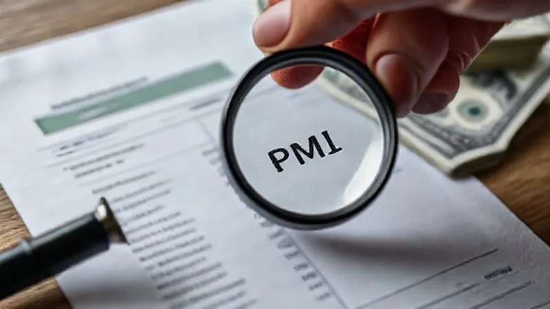 photorealistic, professional photography, 8K, cinematic lighting, sharp focus, depth of field, shot on a high-end DSLR, a hand holding a magnifying glass over a mortgage statement, highlighting a line item for 'PMI', with a stack of dollar bills in the background, symbolizing the cost and scrutiny of this expense.