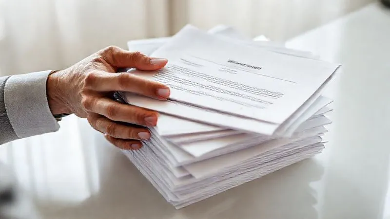 photorealistic, professional photography, 8K, cinematic lighting, sharp focus, depth of field, shot on a high-end DSLR, a person's hands organizing a stack of mortgage-related documents, including an appraisal report and a letter addressed to a loan servicer, on a clean, modern desk, illuminated by soft, natural light, conveying organization and diligence.