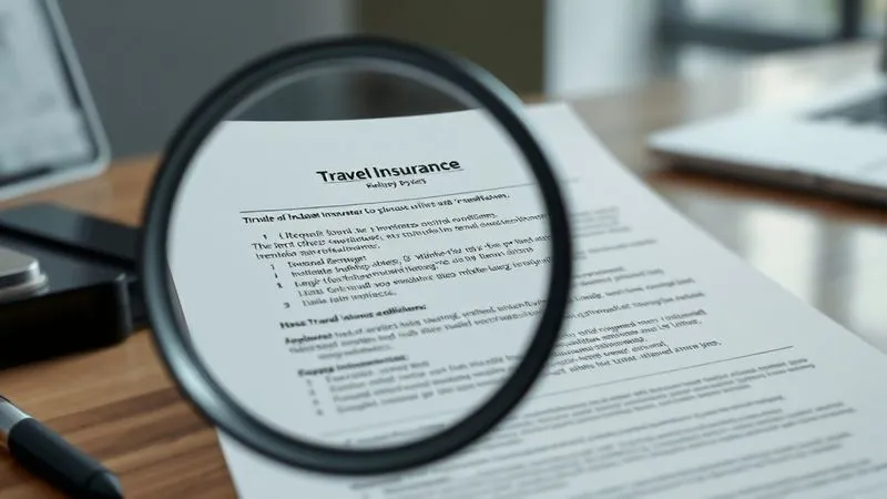 Photorealistic, professional photography, 8K, cinematic lighting, sharp focus, depth of field. A magnifying glass hovers over a complex travel insurance policy document, highlighting dense legal text and specific clauses related to 'pre-existing conditions' and 'look-back periods'. The background is a slightly blurred modern office desk.