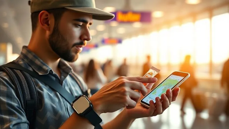 Photorealistic, professional photography, 8K, cinematic lighting, sharp focus, depth of field. A traveler with a medical alert bracelet checks a world map on their smartphone, while holding a small pouch of medication. The background shows a bustling airport terminal, conveying preparedness and safety.