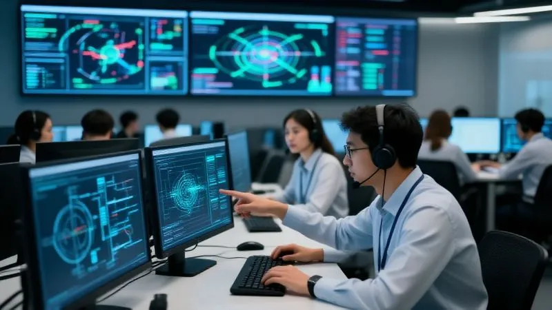 A photorealistic, professional photography image of a cybersecurity operations center (SOC) with multiple large screens displaying complex network topologies, real-time threat maps, and industrial process data. A diverse team of analysts, some wearing headsets, are intently focused on the screens, with one analyst pointing to a specific anomaly on an ICS network diagram. Cinematic lighting, sharp focus on the team and screens, depth of field blurring the background, 8K hyper-detailed, conveying vigilance and collaboration in securing critical infrastructure. A photorealistic, professional photography image of a cybersecurity operations center (SOC) with multiple large screens displaying complex network topologies, real-time threat maps, and industrial process data. A diverse team of analysts, some wearing headsets, are intently focused on the screens, with one analyst pointing to a specific anomaly on an ICS network diagram. Cinematic lighting, sharp focus on the team and screens, depth of field blurring the background, 8K hyper-detailed, conveying vigilance and collaboration in securing critical infrastructure.