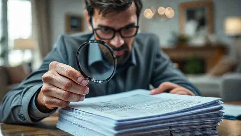 A photorealistic, professional photograph, 8K, cinematic lighting, sharp focus, depth of field. A person meticulously examining a stack of insurance policy documents, magnifying glass in hand, with a luxurious home blurred in the background. The atmosphere is serious and contemplative.