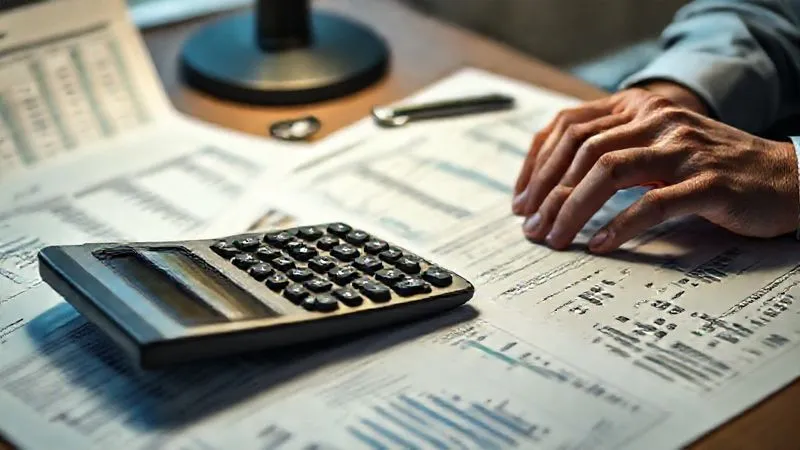 Photorealistic image of a calculator or spreadsheet on a desk, with hands typing, surrounded by documents related to employee wages and health insurance premiums, emphasizing precise financial calculations. Cinematic lighting, sharp focus on the calculator/spreadsheet, depth of field, 8K.