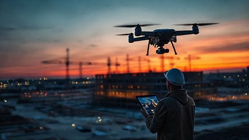 photorealistic, professional photography, 8K, cinematic lighting, sharp focus, depth of field, shot on a high-end DSLR. A drone flying over a large construction site at dusk, capturing aerial footage, with project managers on the ground looking at a tablet displaying real-time drone feed, conveying advanced technology in construction monitoring. photorealistic, professional photography, 8K, cinematic lighting, sharp focus, depth of field, shot on a high-end DSLR. A drone flying over a large construction site at dusk, capturing aerial footage, with project managers on the ground looking at a tablet displaying real-time drone feed, conveying advanced technology in construction monitoring.