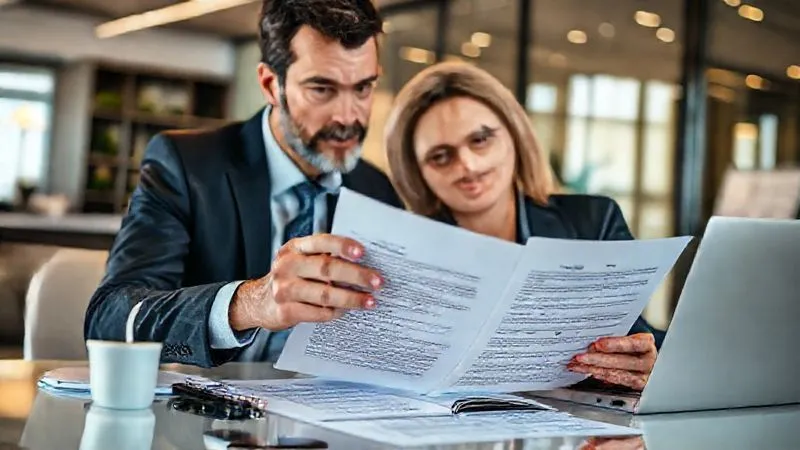 A photorealistic image of a professional insurance broker and a client reviewing a policy document together at a modern office desk, pointing to specific clauses, with a warm, collaborative atmosphere, cinematic lighting, sharp focus on the documents and faces, depth of field blurring the background, 8K hyper-detailed, shot on a high-end DSLR.