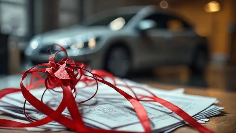 A tangled knot of red tape and ambiguous legal documents, with a blurry image of a rental car in the background. The lighting is dim and uncertain, emphasizing confusion and risk. Photorealistic, professional photography, 8K, cinematic lighting, sharp focus on the red tape, depth of field blurring the background, shot on a high-end DSLR.