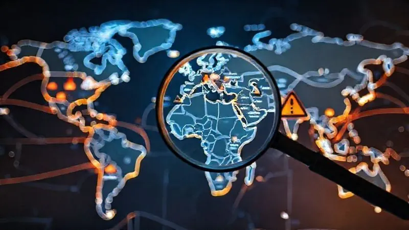 A stylized world map overlaid with glowing, interconnected lines representing global business travel routes. Some segments of the lines are broken or have warning signs, symbolizing insurance gaps. A magnifying glass hovers over a specific region, highlighting complex local regulations. Photorealistic, professional photography, 8K, cinematic lighting, sharp focus on the map and warning signs, depth of field blurring the background, shot on a high-end DSLR.