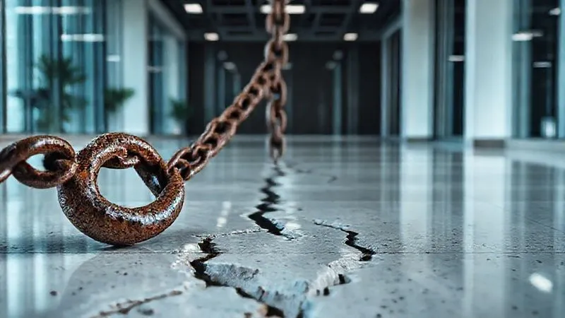 A heavy, rusty anchor chain dragging across a pristine corporate office floor, leaving deep gouges. The background shows a modern, bright office, but the chain represents a massive, unforeseen financial burden. Photorealistic, professional photography, 8K, cinematic lighting, sharp focus on the chain and floor, depth of field blurring the background, shot on a high-end DSLR.