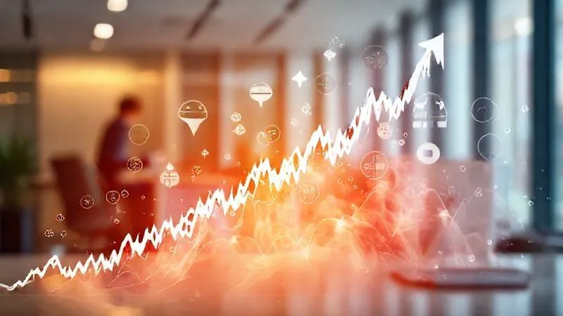 A photorealistic image of a turbulent financial graph showing sharp upward spikes and extreme volatility, overlaid with abstract symbols representing complex, interconnected risks like cyber threats, climate change, and supply chain disruptions. The background is a modern, slightly blurred corporate office. Professional photography, 8K, cinematic lighting, sharp focus on the graph and symbols, depth of field, shot on a high-end DSLR.