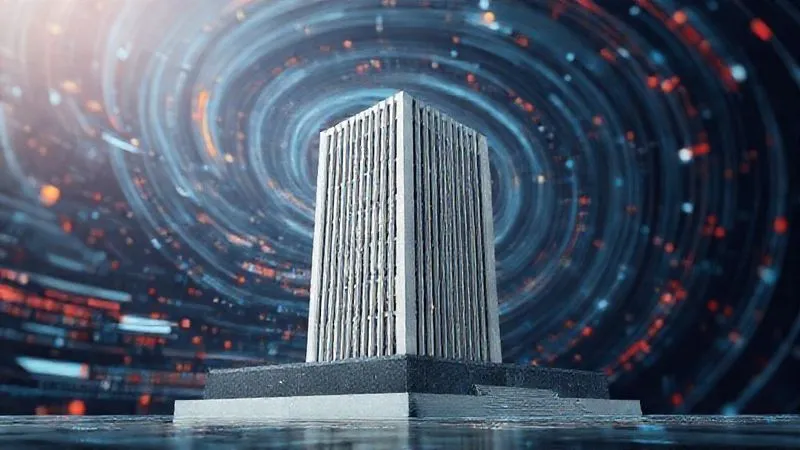 A photorealistic image of a strong, modern, minimalist architectural structure, like a fortress or a financial building, standing firm against a backdrop of swirling, abstract digital risks and data streams. The building represents a captive insurance company, providing stability and protection. Professional photography, 8K, cinematic lighting, sharp focus on the building, depth of field blurring the background, shot on a high-end DSLR.