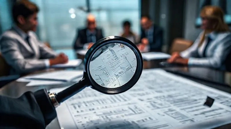 A photorealistic close-up of a magnifying glass hovering over complex medical documents and legal papers, with a blurred background of a serious legal team in a conference room. Professional photography, 8K, cinematic lighting, sharp focus on the documents under the magnifying glass, depth of field, shot on a high-end DSLR. The image conveys meticulous investigation and complexity.