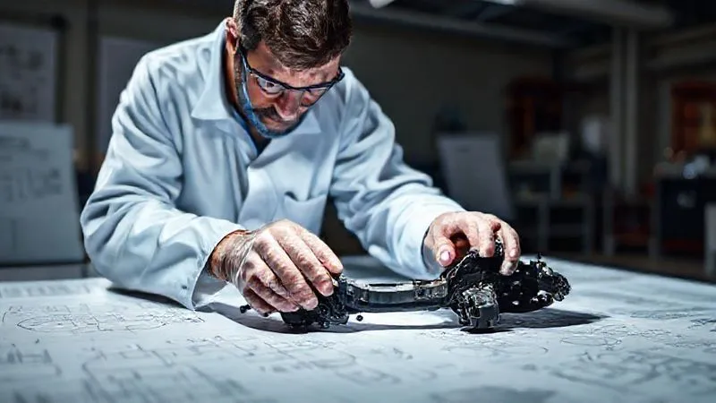 A photorealistic image of a forensic engineer in a lab coat, meticulously examining a damaged car part under bright lights, with complex blueprints and diagrams spread out on a table in the background. Professional photography, 8K, cinematic lighting, sharp focus on the engineer's hands and the car part, depth of field, shot on a high-end DSLR. The image conveys precision, analysis, and scientific investigation.