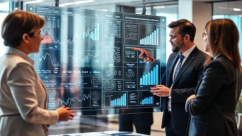 A photorealistic image of a diverse team of financial professionals (financial advisor, tax specialist, estate lawyer) collaborating around a large, transparent digital display showing complex financial charts and a detailed financial plan. They are engaged in discussion, pointing to different elements. Cinematic lighting, sharp focus on the team and screen, depth of field blurring a modern office background. Shot on a high-end DSLR, 8K hyper-detailed. A photorealistic image of a diverse team of financial professionals (financial advisor, tax specialist, estate lawyer) collaborating around a large, transparent digital display showing complex financial charts and a detailed financial plan. They are engaged in discussion, pointing to different elements. Cinematic lighting, sharp focus on the team and screen, depth of field blurring a modern office background. Shot on a high-end DSLR, 8K hyper-detailed.