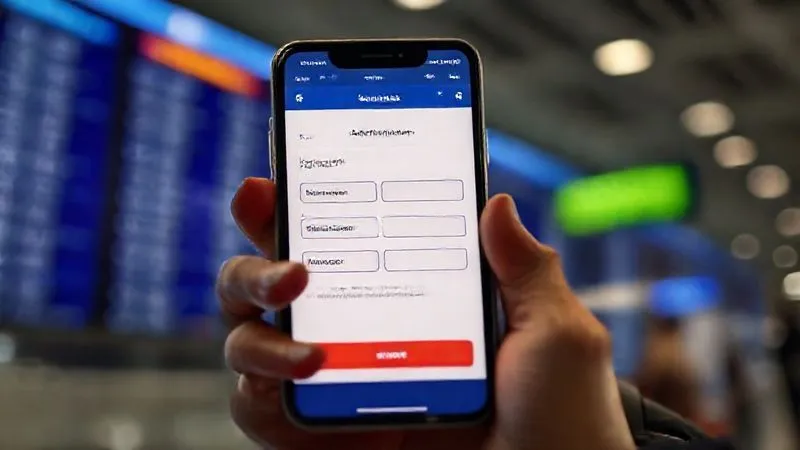A photorealistic close-up of a smartphone screen showing a user friendly travel insurance claims app with fields for incident details, photo upload buttons, and a 'submit claim' button. In the blurred background, a traveler is looking at a delayed flight board. Cinematic lighting, sharp focus on the phone, depth of field, 8K hyper-detailed.