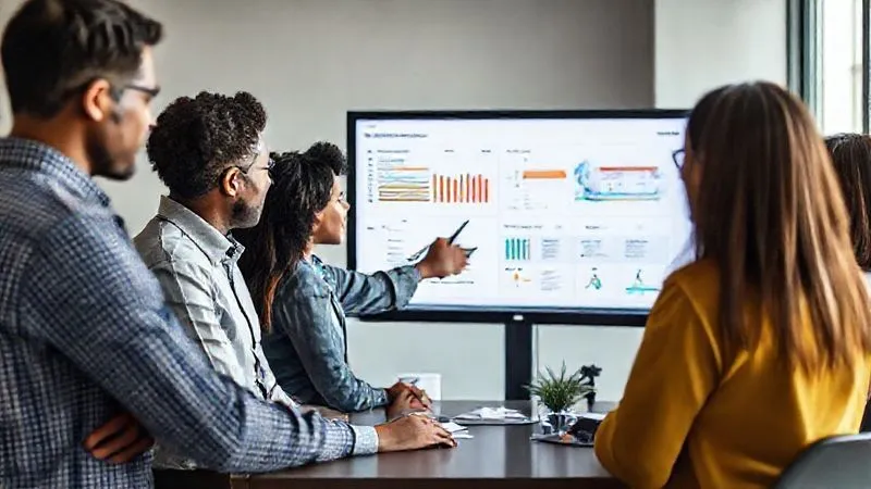 A photorealistic, professional photography, 8K image of a diverse corporate team gathered around a large monitor, with one team member (the claims liaison) pointing to a digital claims dashboard. The atmosphere is collaborative and focused, conveying clear communication and shared understanding of the claims process. Cinematic lighting, sharp focus on the team and screen, depth of field. Shot on a high-end DSLR.
