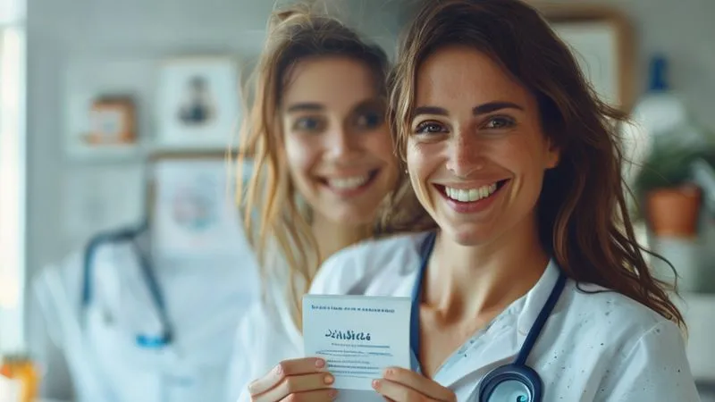 A photorealistic image of a woman, Sarah, smiling and looking relieved, holding up her new health insurance card. In the background, a subtle, blurred image of a doctor and a medical chart, symbolizing successful continuity of care. Professional photography, 8K, cinematic lighting, sharp focus, depth of field, shot on a high-end DSLR.