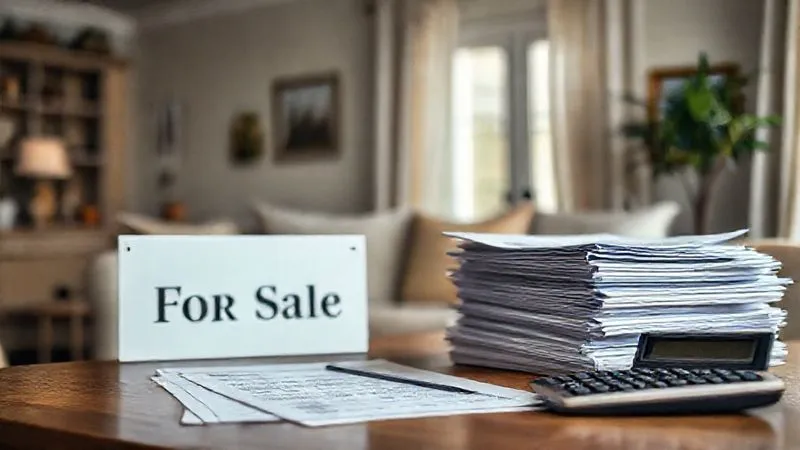 A photorealistic image showing a tastefully decorated home with a 'For Sale' sign subtly visible in the foreground, juxtaposed with stacks of financial documents and a calculator on a table, conveying both the emotional weight and financial necessity of selling assets for long-term care, cinematic lighting, sharp focus, depth of field, 8K, professional photography, shot on a high-end DSLR.