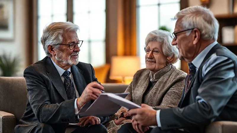 A photorealistic image of a compassionate elder law attorney or financial planner, dressed professionally, actively listening and taking notes while speaking with an older couple, a sense of trust and relief in the room, warm cinematic lighting, sharp focus on the faces, depth of field, 8K, professional photography, shot on a high-end DSLR.