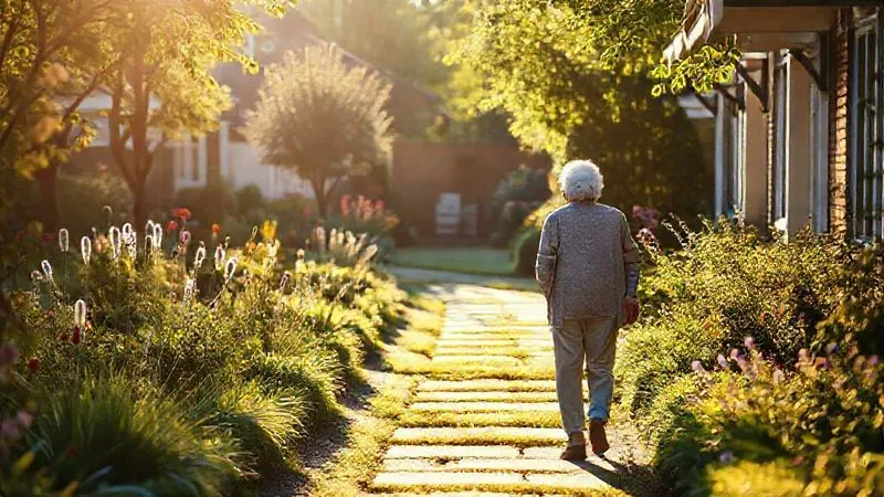 A photorealistic image of a serene, well-maintained nursing home garden path bathed in soft sunlight, with an elderly individual enjoying a peaceful moment, implying security and successful planning for long-term care, cinematic lighting, sharp focus on the path, depth of field, 8K, professional photography, shot on a high-end DSLR.