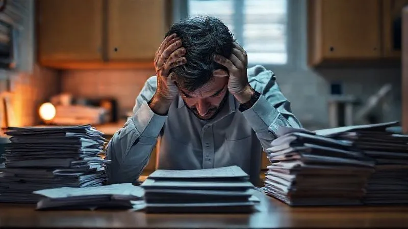 A photorealistic image of a person sitting at a kitchen table, head in hands, surrounded by stacks of medical bills and official-looking documents, illuminated by a single, stark light source, conveying overwhelming financial stress and urgency, 8K, cinematic lighting, sharp focus, depth of field, shot on a high-end DSLR.