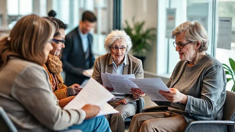 A photorealistic image of a diverse group of people, including an elderly couple, sitting in a modern, welcoming government office, patiently reviewing complex forms and documents with a helpful, professional caseworker. The scene emphasizes guidance and support in navigating bureaucratic processes, 8K, cinematic lighting, sharp focus, depth of field, shot on a high-end DSLR.