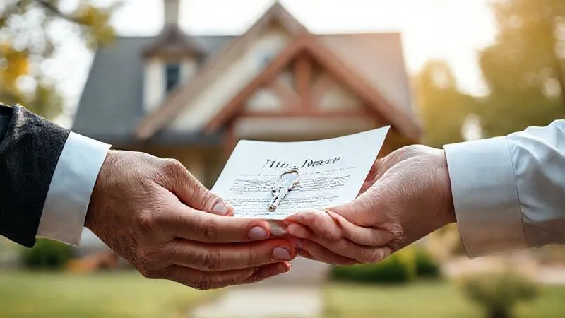 A photorealistic image of a home's title deed being exchanged between two hands, with a key resting on top, set against a blurred background of an older, well-maintained house. The lighting is warm and professional, emphasizing the transfer or utilization of home equity for care, 8K, cinematic lighting, sharp focus, depth of field, shot on a high-end DSLR.