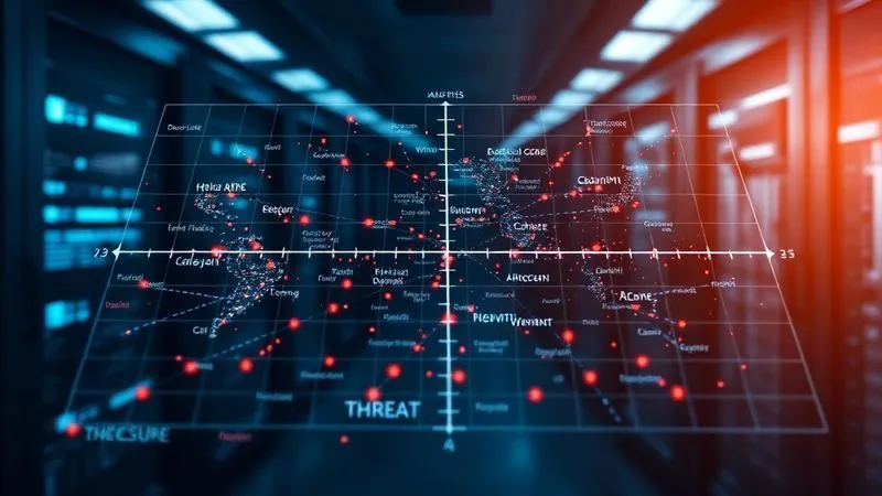 A photorealistic, professional photography, 8K, cinematic lighting, sharp focus, depth of field, shot on a high-end DSLR, of a sophisticated digital risk matrix displayed on a holographic interface, with various threats and vulnerabilities plotted across axes. The matrix glows with data points, indicating areas of high and low risk, against a backdrop of a secure, modern data center. A photorealistic, professional photography, 8K, cinematic lighting, sharp focus, depth of field, shot on a high-end DSLR, of a sophisticated digital risk matrix displayed on a holographic interface, with various threats and vulnerabilities plotted across axes. The matrix glows with data points, indicating areas of high and low risk, against a backdrop of a secure, modern data center.