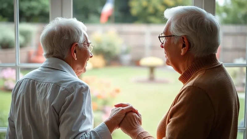 Photorealistic, professional photography, 8K, cinematic lighting, sharp focus, depth of field, shot on a high-end DSLR. An elderly couple holding hands, looking out a window at a serene garden, symbolizing longevity and the need for future planning. Their faces show a mix of contentment and thoughtful consideration for the future.