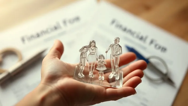 Photorealistic, professional photography, 8K, cinematic lighting, sharp focus, depth of field, shot on a high-end DSLR. A single hand holding a delicate, intricate glass sculpture of a family, with a blurred background of financial documents, symbolizing the protection of family and legacy through careful planning.