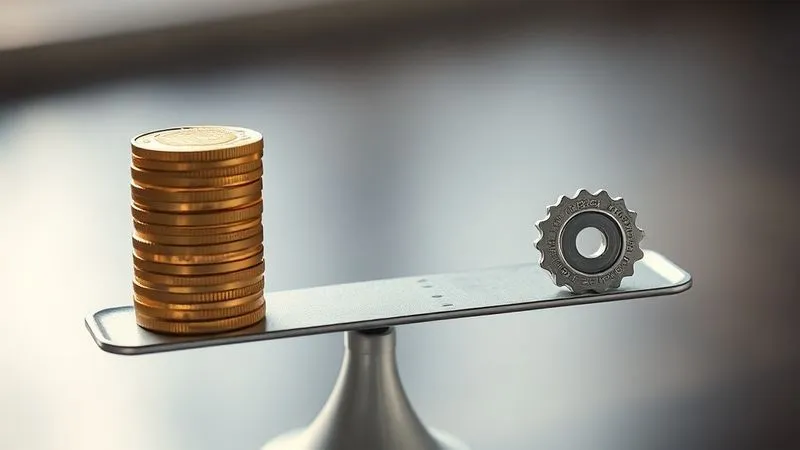 Photorealistic, professional photography, 8K, cinematic lighting, sharp focus, depth of field, shot on a high-end DSLR. A stack of gold coins precariously balanced on one side of a scale, with a single, sturdy, well-engineered gear on the other side, symbolizing the inefficiency of self-insurance versus the leverage of insurance.