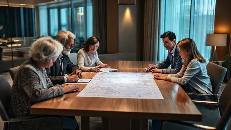 photorealistic, professional photography, 8K, cinematic lighting, sharp focus, depth of field, shot on a high-end DSLR, a multi-generational family (grandparents, parents, adult children) gathered around a large conference table in a modern, elegant office, reviewing business documents, with a sense of collaboration and shared vision. A subtle glow emanates from a blueprint on the table.