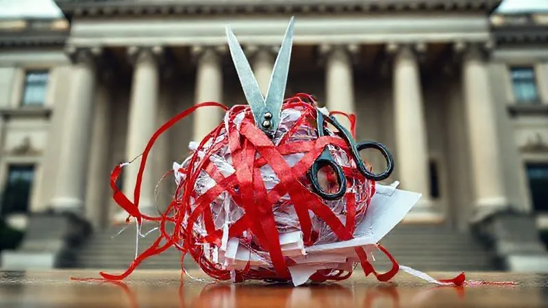 photorealistic, professional photography, 8K, cinematic lighting, sharp focus, depth of field, shot on a high-end DSLR, a tangled ball of red tape and legal documents, with a single, sharp pair of scissors poised to cut through it, symbolizing the complexity and the need for expert intervention in estate planning pitfalls. The background is a blurred, imposing courthouse facade.
